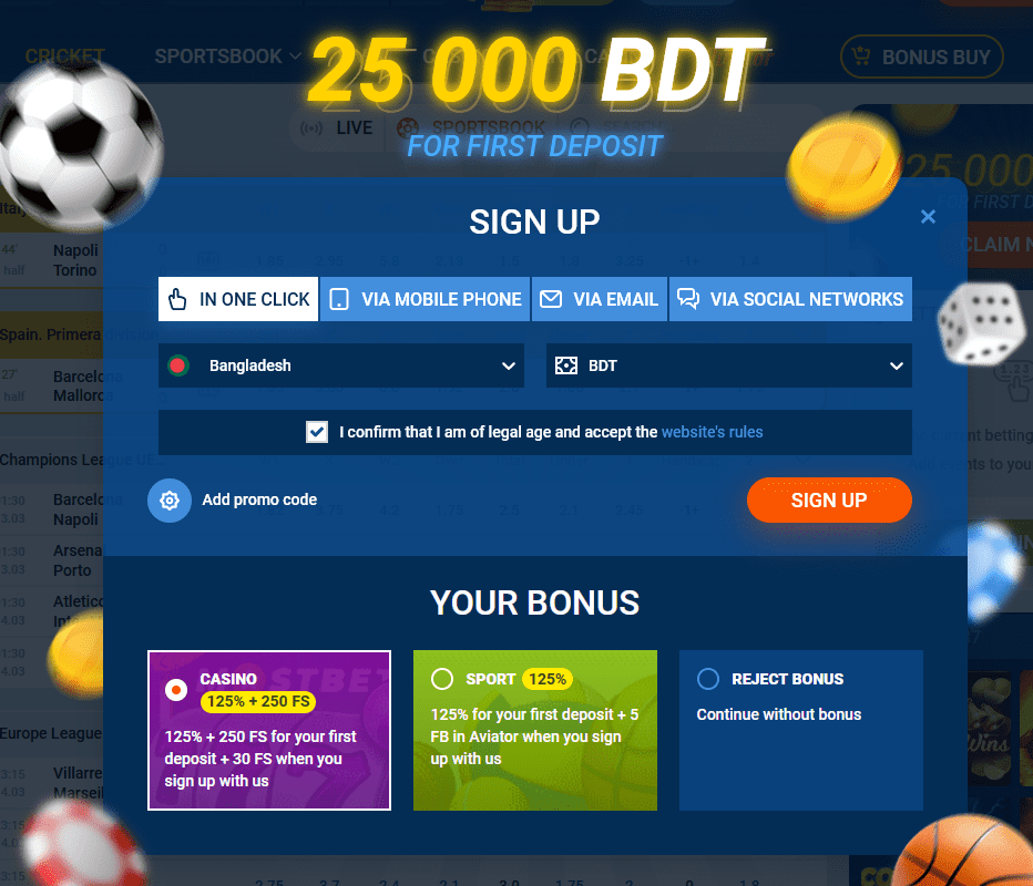 MostBet sign up screen.